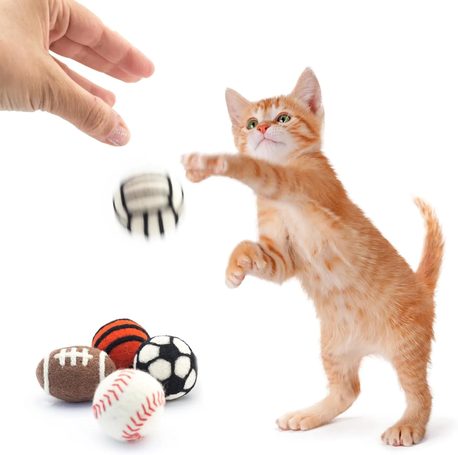 Glaciart One Sports Wool Balls for Cats  5 Pcs with Catnip Pouch - Soft Fuzzy Enrichment 100% Natural Felt Cat Toy - Interactive Play Cat Toy Set - Safe for Pets, Non-AZO Colored Dyes  1.6