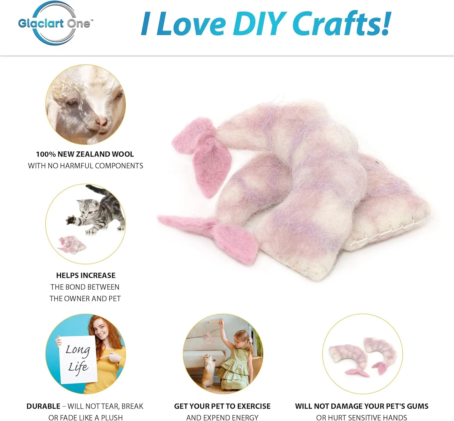 Glaciart One Wool Shrimp Cat Toys with Catnip | Interaction & Boredom Relief, Encourages to Exercise, Explore & Play | Filled w/Organic Herbs to Help Sooth or Reduce Anxiety