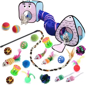 GONPET Set for Indoor Cats: 23 PCS Kitten Toys, Incl. Collapsible Pet Tunnel, Interactive Cat Teaser Wand & Balls