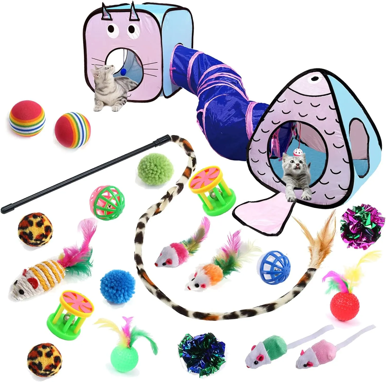 GONPET Set for Indoor Cats: 23 PCS Kitten Toys, Incl. Collapsible Pet Tunnel, Interactive Cat Teaser Wand & Balls