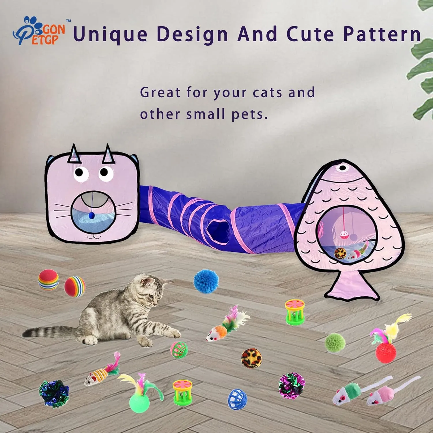 GONPET Set for Indoor Cats: 23 PCS Kitten Toys, Incl. Collapsible Pet Tunnel, Interactive Cat Teaser Wand & Balls