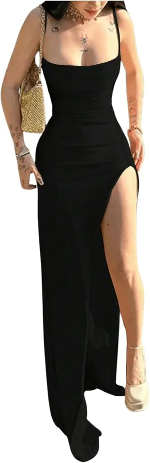 GORGLITTER Women's Spaghetti Strap Maxi Slip Dress Split Thigh Bodycon Long Cami Dresses Black Medium