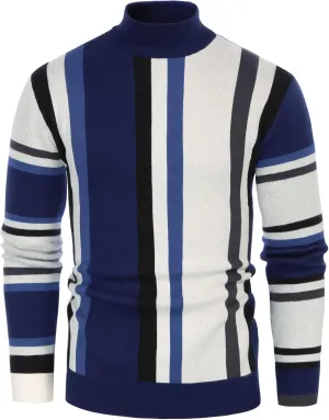 GRACE KARIN Mens Vintage Sweater Mockneck Striped Pullover Sweater Fashion Jumper Sweater