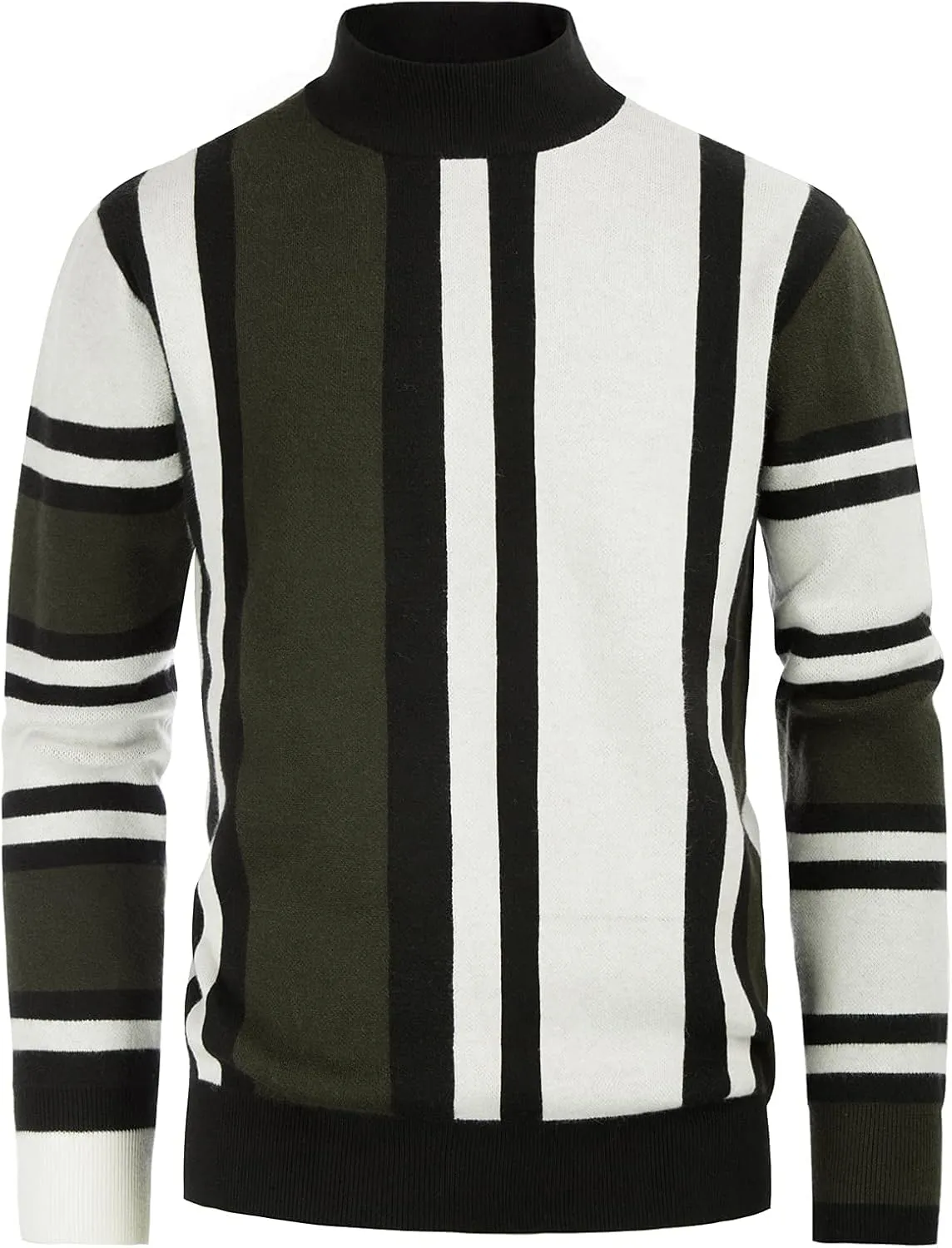 GRACE KARIN Mens Vintage Sweater Mockneck Striped Pullover Sweater Fashion Jumper Sweater