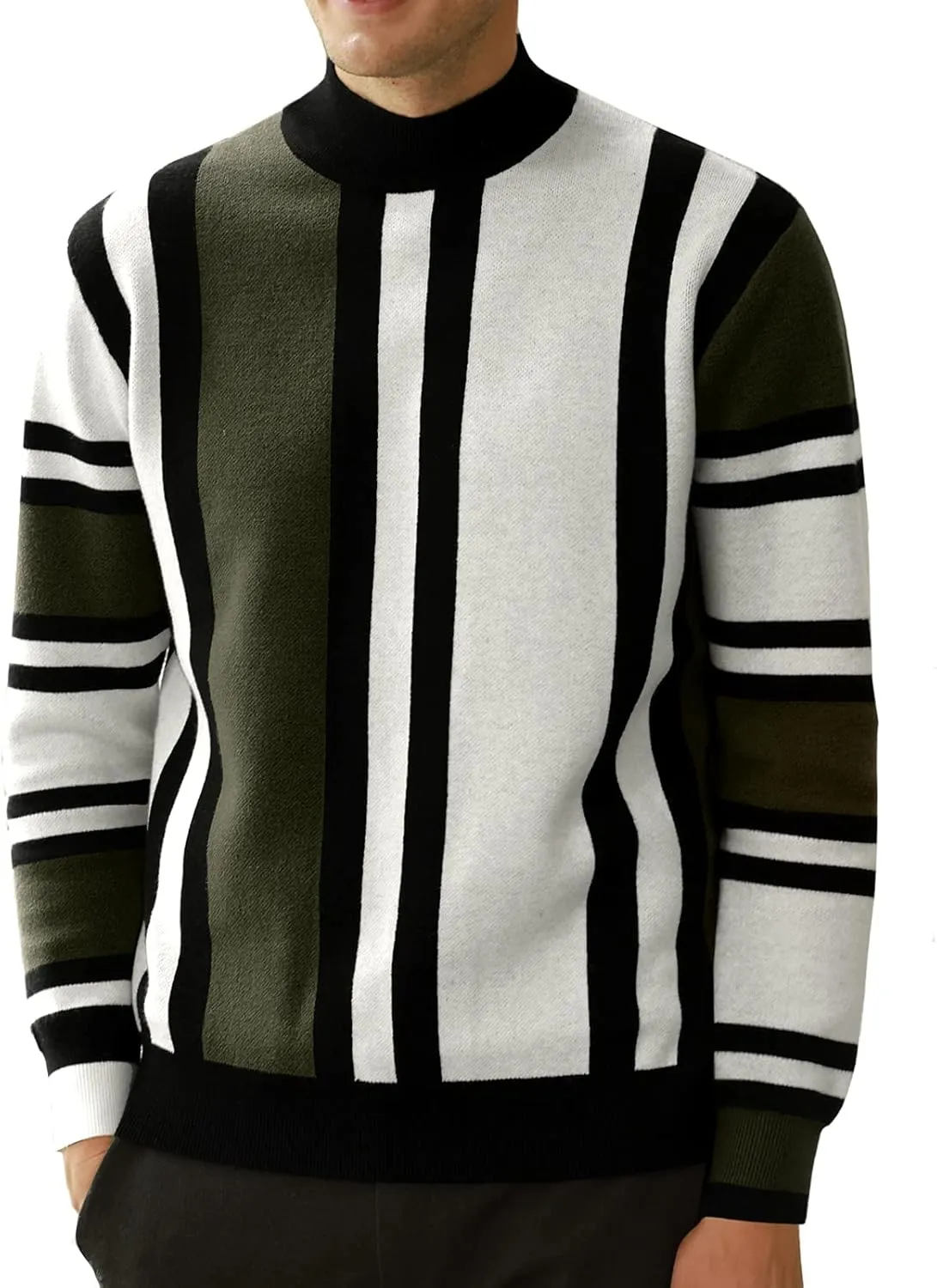 GRACE KARIN Mens Vintage Sweater Mockneck Striped Pullover Sweater Fashion Jumper Sweater