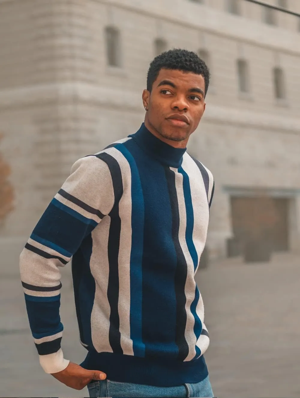 GRACE KARIN Mens Vintage Sweater Mockneck Striped Pullover Sweater Fashion Jumper Sweater