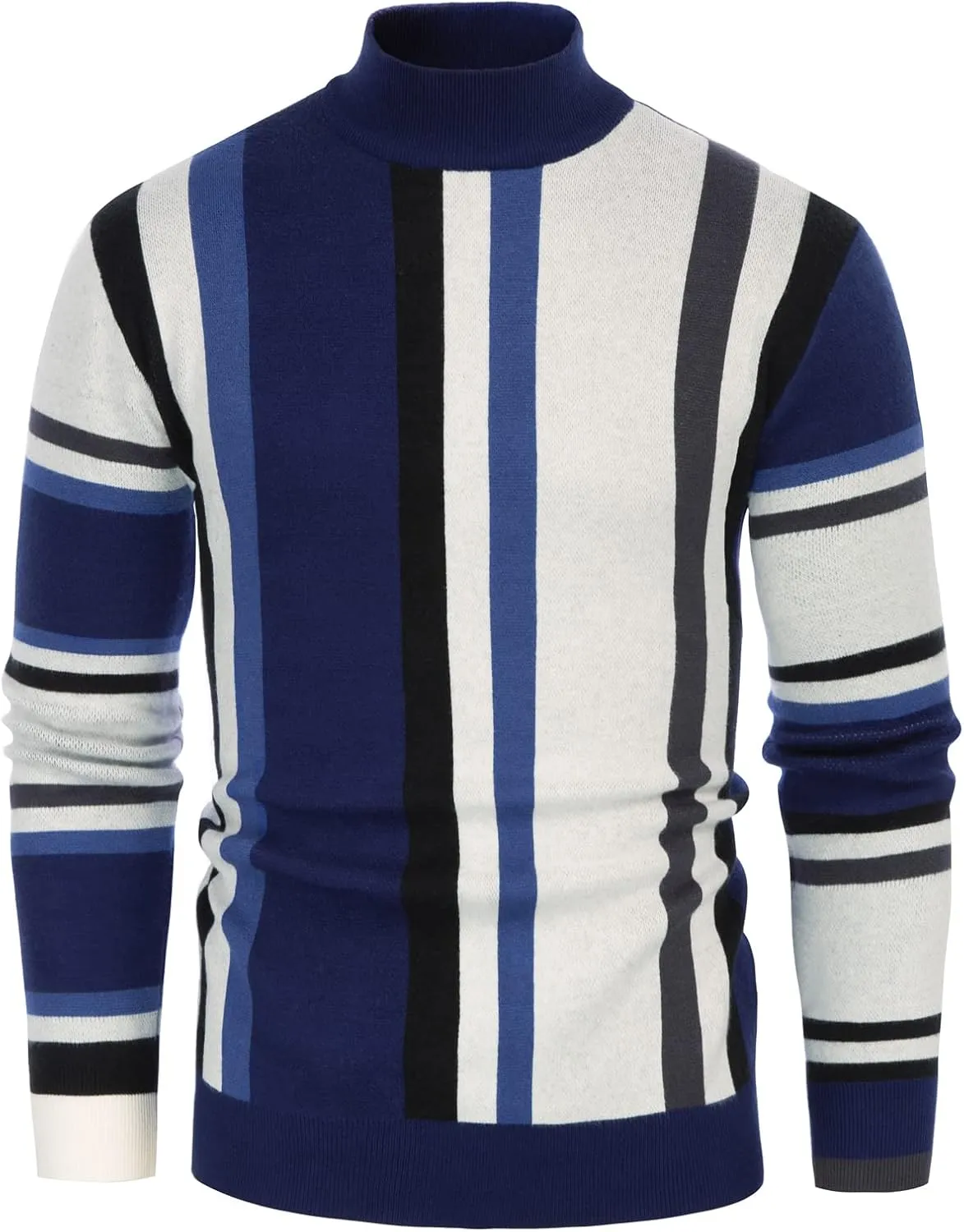 GRACE KARIN Mens Vintage Sweater Mockneck Striped Pullover Sweater Fashion Jumper Sweater