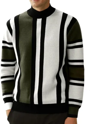 GRACE KARIN Mens Vintage Sweater Mockneck Striped Pullover Sweater Fashion Jumper Sweater