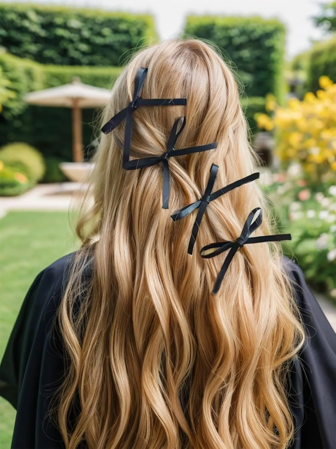 Hair Accessories for Women and Girls: Long Ponytail Holders, Small Black Claw Clips, Barrettes, and Ribbon Bow Hair Clips - 10Pcs Set