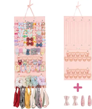 Hanging Bow Organizer for Girls  1 Pack Hair Bow Holder for Wall with 4 hairclips, Headband and Clip Storage  Hair Accessories Display  Nursery Decor for Baby, Toddler, Kids Room (Pink)