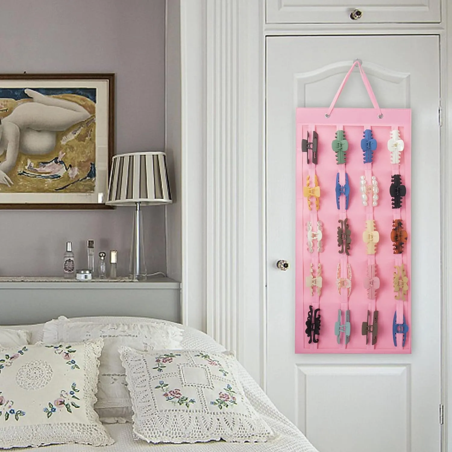 Hanging Hair Claw Clip Holder Organizer for Women Girls, Large Claw Clip Storage for Wall, Door, Pink Hair Accessories Organizer Display