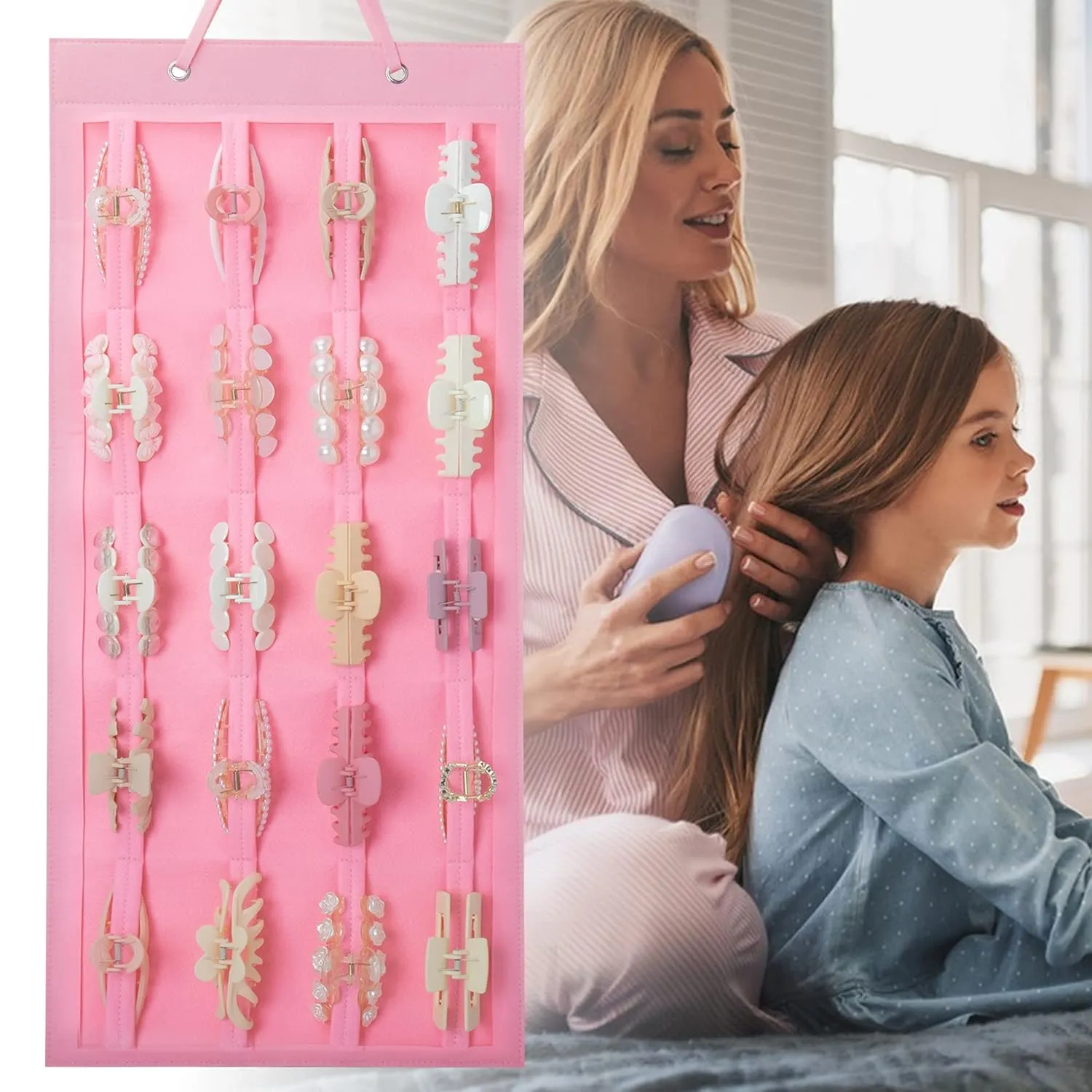 Hanging Hair Claw Clip Holder Organizer for Women Girls, Large Claw Clip Storage for Wall, Door, Pink Hair Accessories Organizer Display