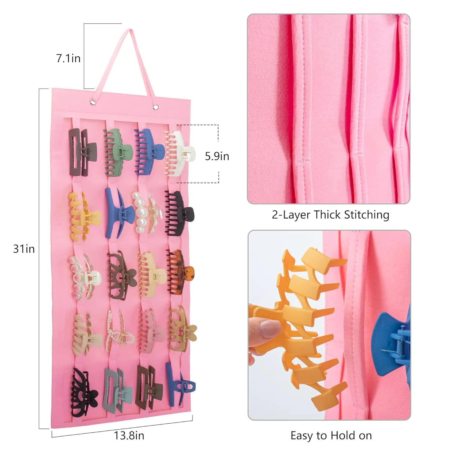 Hanging Hair Claw Clip Holder Organizer for Women Girls, Large Claw Clip Storage for Wall, Door, Pink Hair Accessories Organizer Display