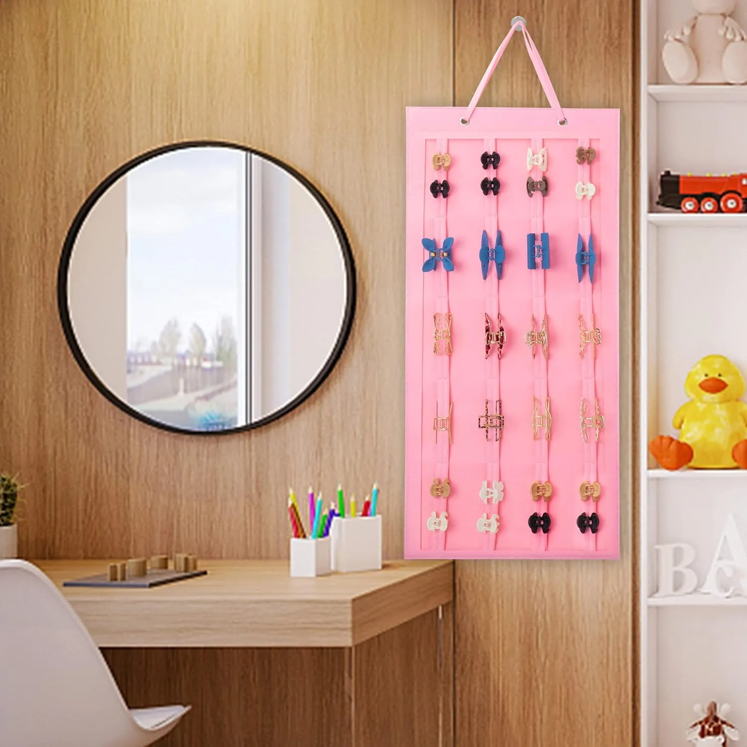 Hanging Hair Claw Clip Holder Organizer for Women Girls, Large Claw Clip Storage for Wall, Door, Pink Hair Accessories Organizer Display