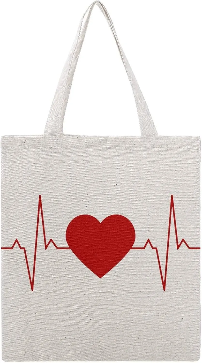 Heartbeat Line Tote Bag Canvas Handbags Large Shoulder Bag Shopping Grocery Bags for Work Travel Shopping