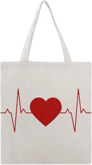 Heartbeat Line Tote Bag Canvas Handbags Large Shoulder Bag Shopping Grocery Bags for Work Travel Shopping
