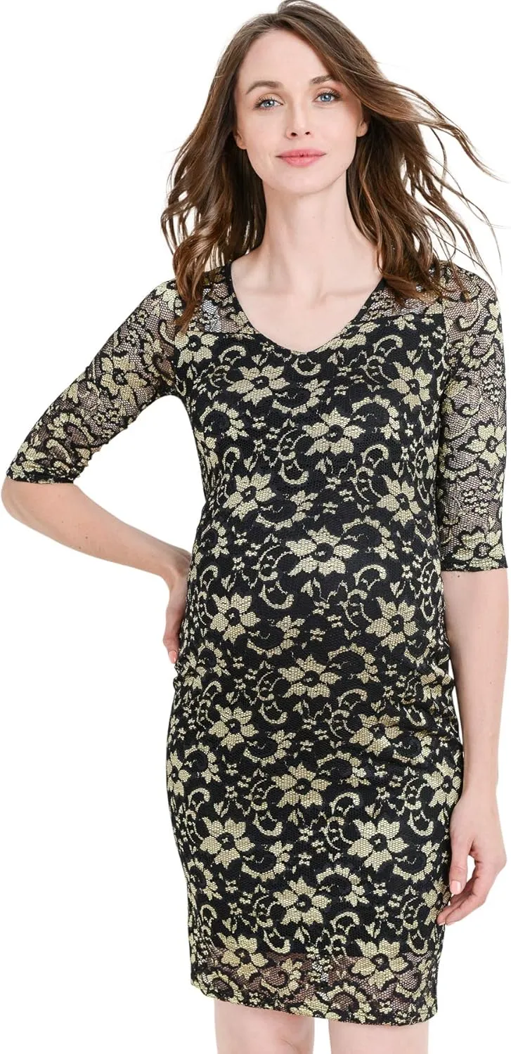 HELLO MIZ Women's Maternity Floral Lace Knee Length Bodycon Dress
