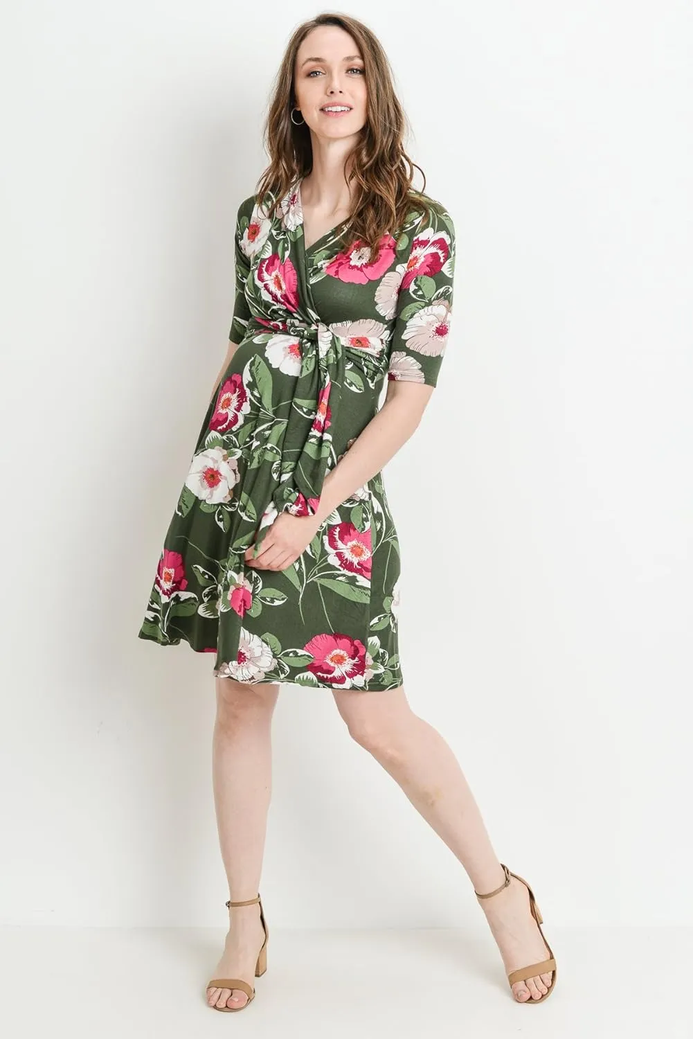 HELLO MIZ Women's Maternity Short Sleeve Knee Length Wrap Dress for Baby Shower