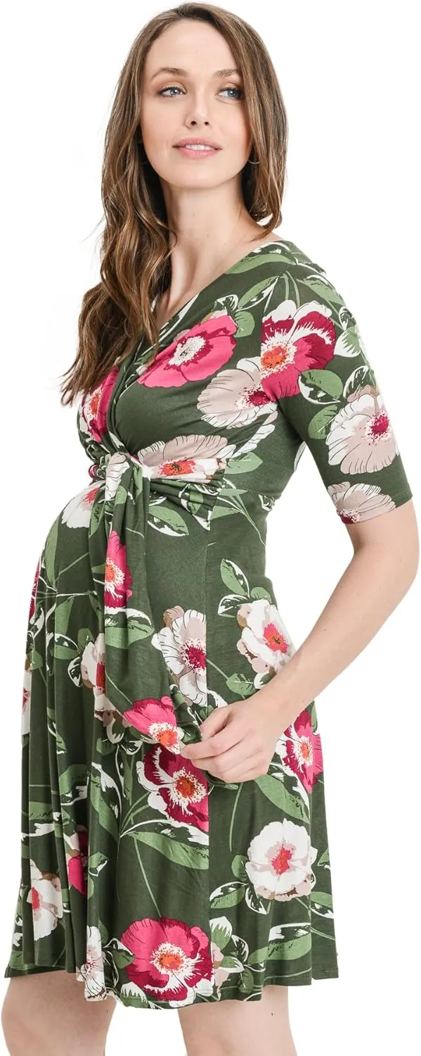 HELLO MIZ Women's Maternity Short Sleeve Knee Length Wrap Dress for Baby Shower