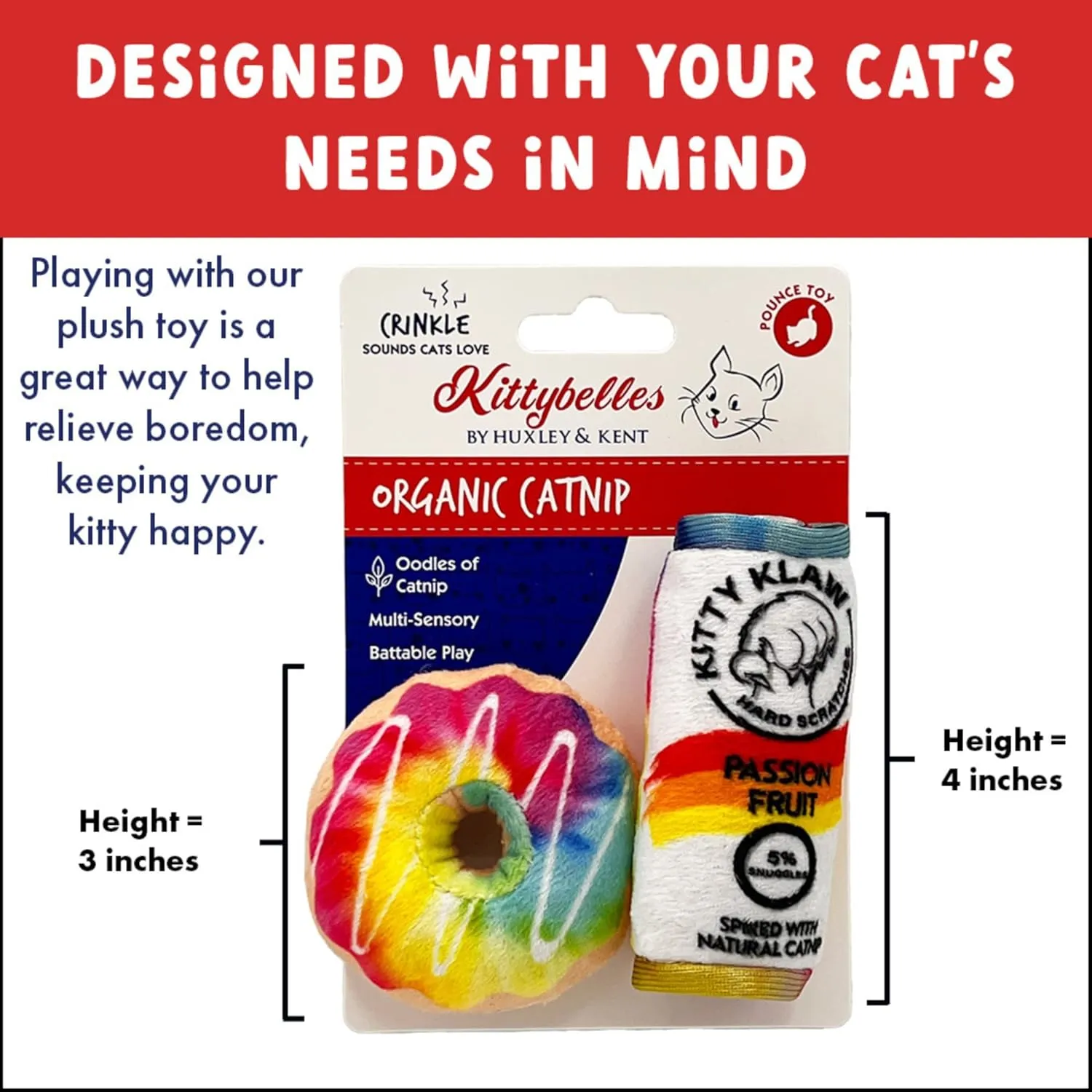 Huxley & Kent 2-Pack Plush Cat Toys | Pride Donut & Klaw Passion Fruit | Pride Rainbow Strong Catnip Filled Cat Toy | Plush Kitten and Cat Toy with Catnip and Crinkle | Kittybelles