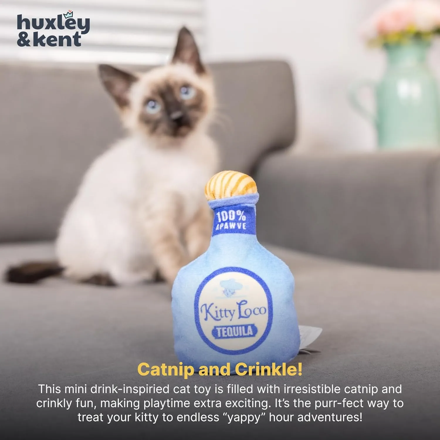 Huxley & Kent Plush Cat Toy - Kitty Loco Tequila - Nappy Hour Strong Catnip Filled - Plush Interactive Kitten and Cat Toy with Catnip and Crinkle - Kittybelles