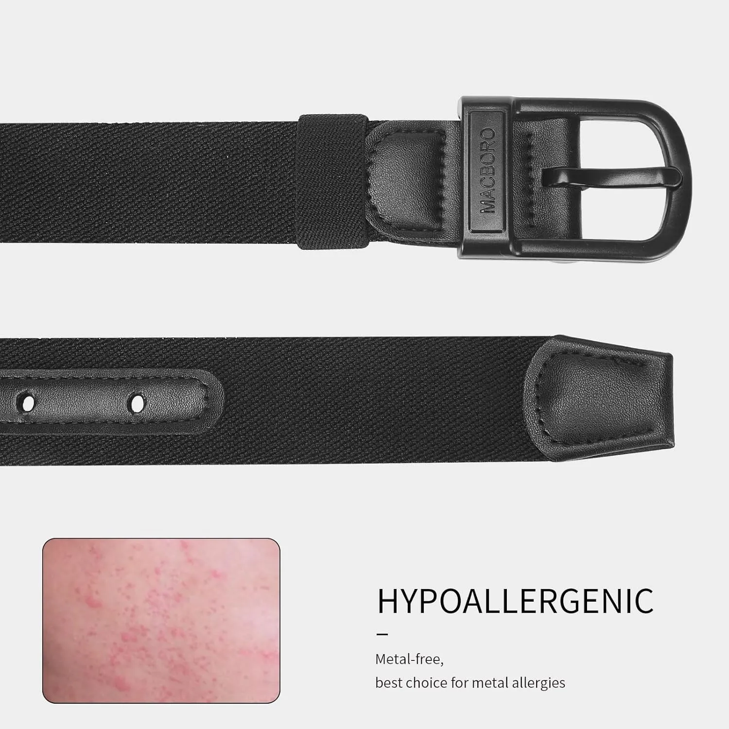Hypoallergenic Non Metal Nickel Free Tsa Approved Belt Plastic Buckle Elastic Stretch Belt with Leather Tab