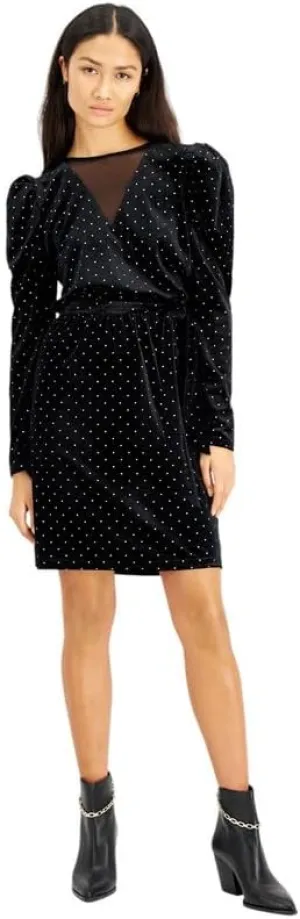 INC International Concepts Women's Dot-Print Velvet Puff-Sleeve Dress (Deep Black, Medium)