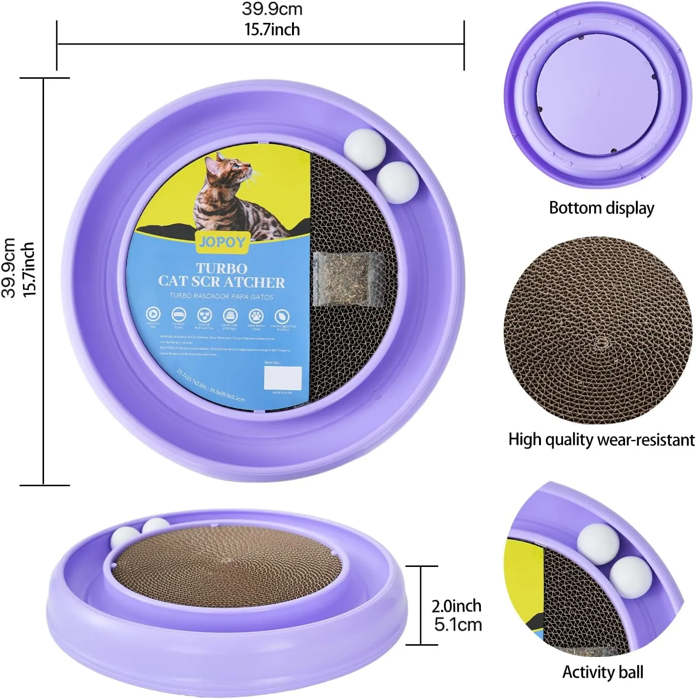 Interactive Cat Scratcher with Two Rotating Balls,Durable Scratch Pad for Indoor Play,Eco-Friendly Purple Sisal,2-in-1 Cat Toy (Purple)