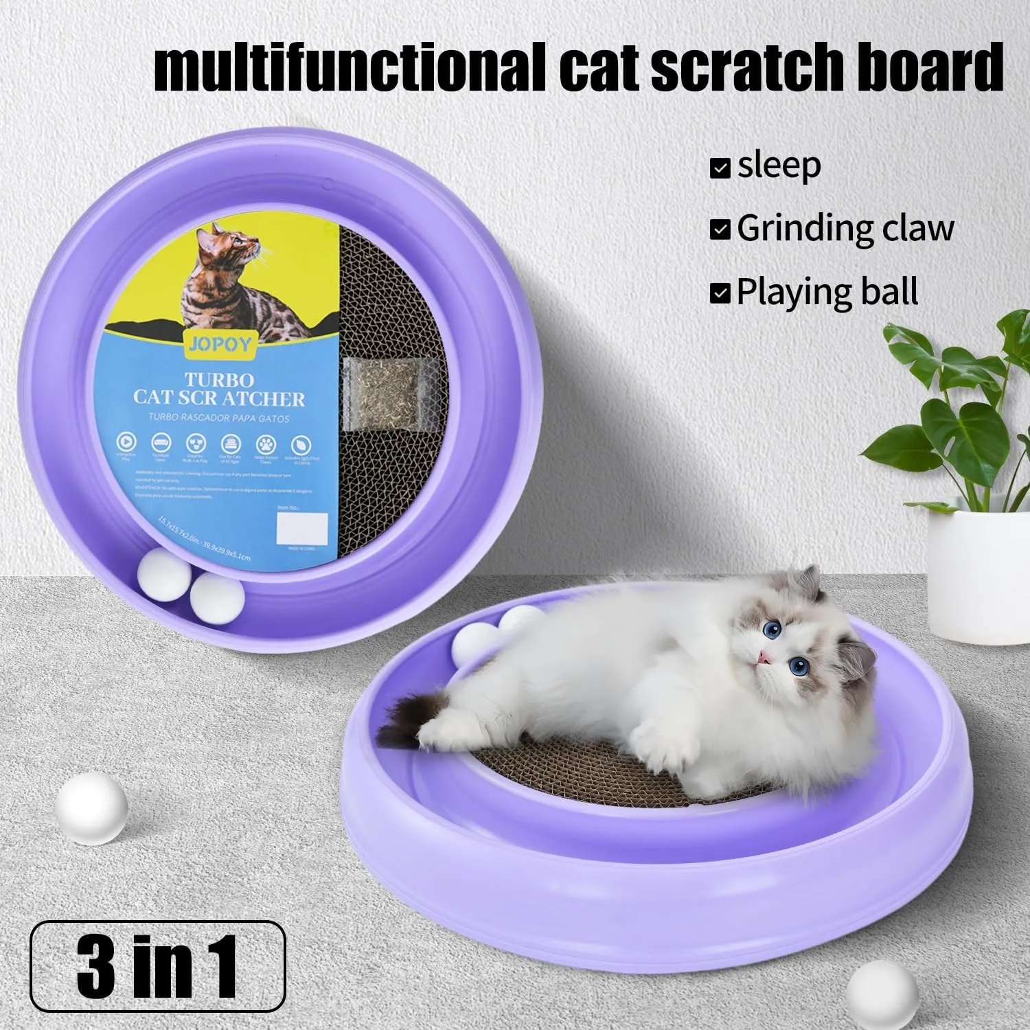 Interactive Cat Scratcher with Two Rotating Balls,Durable Scratch Pad for Indoor Play,Eco-Friendly Purple Sisal,2-in-1 Cat Toy (Purple)