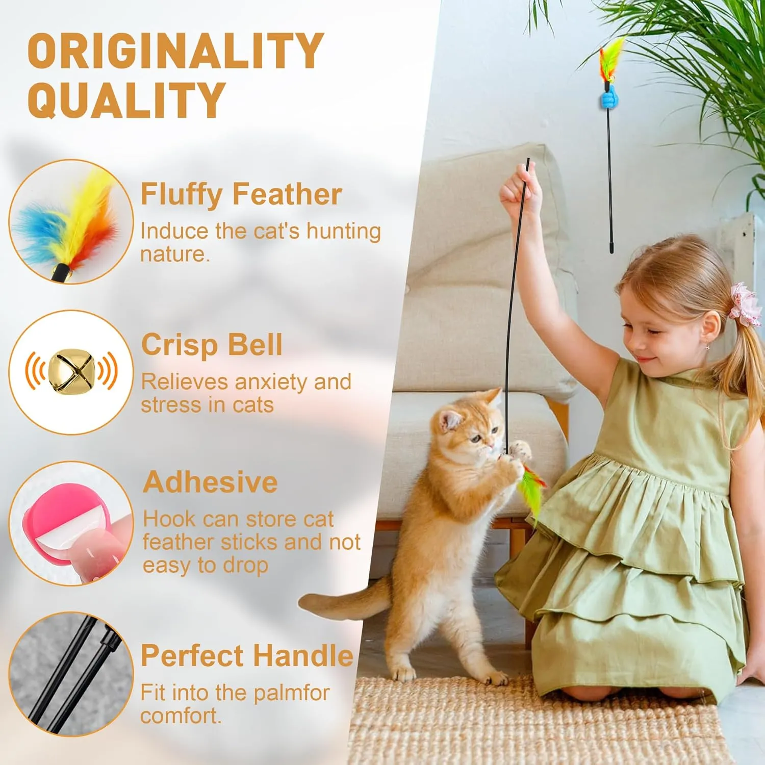 Interactive Cat Toys Feather Toys Cat Toys Wand Cat Teaser Stick Storage Holder for Indoor Cats to Chase and Exercise (15PCS)