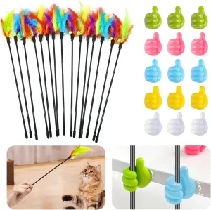 Interactive Cat Toys Feather Toys Cat Toys Wand Cat Teaser Stick Storage Holder for Indoor Cats to Chase and Exercise (15PCS)