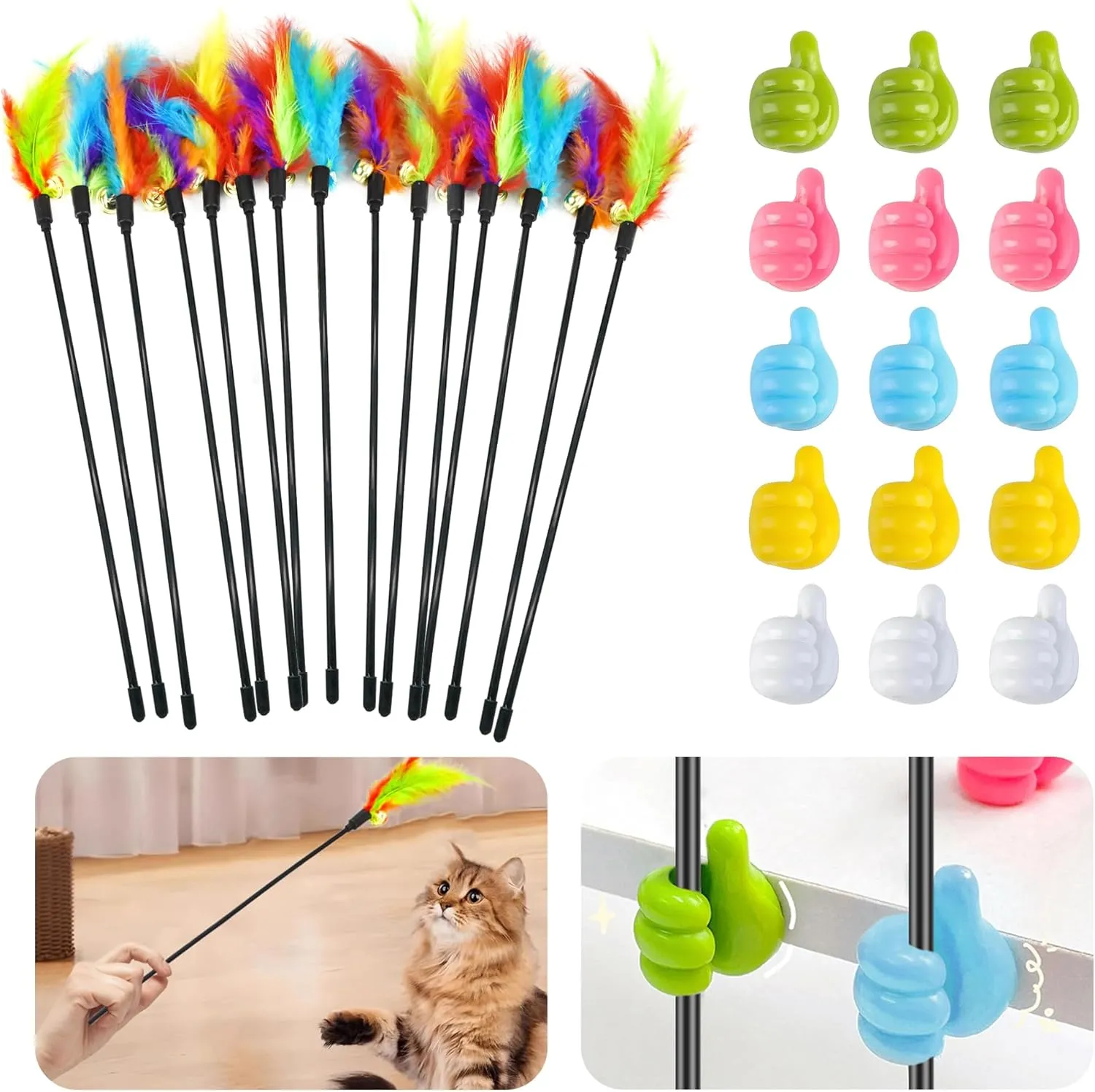 Interactive Cat Toys Feather Toys Cat Toys Wand Cat Teaser Stick Storage Holder for Indoor Cats to Chase and Exercise (15PCS)