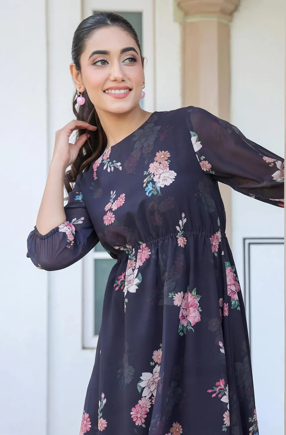 Janasya Women's Summer Dresses for Women 2025 Georgette A-Line Black Floral Balloon Sleeve Casual Calf Length Dress