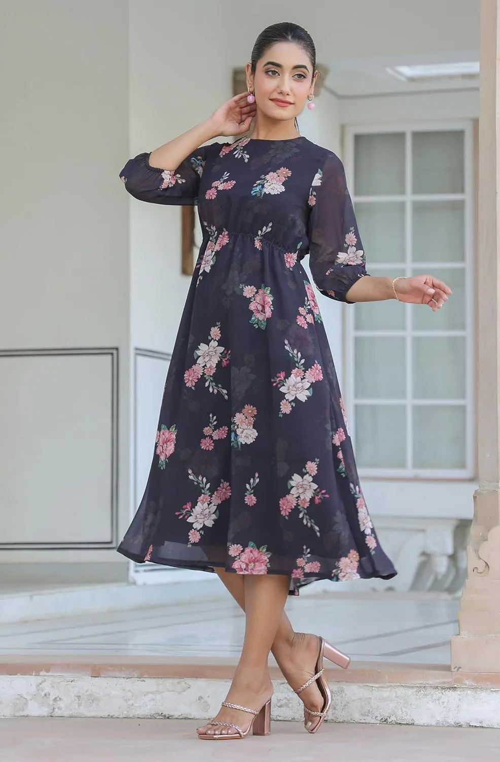 Janasya Women's Summer Dresses for Women 2025 Georgette A-Line Black Floral Balloon Sleeve Casual Calf Length Dress