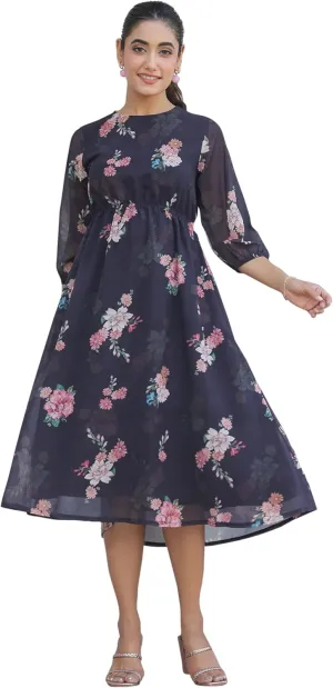 Janasya Women's Summer Dresses for Women 2025 Georgette A-Line Black Floral Balloon Sleeve Casual Calf Length Dress