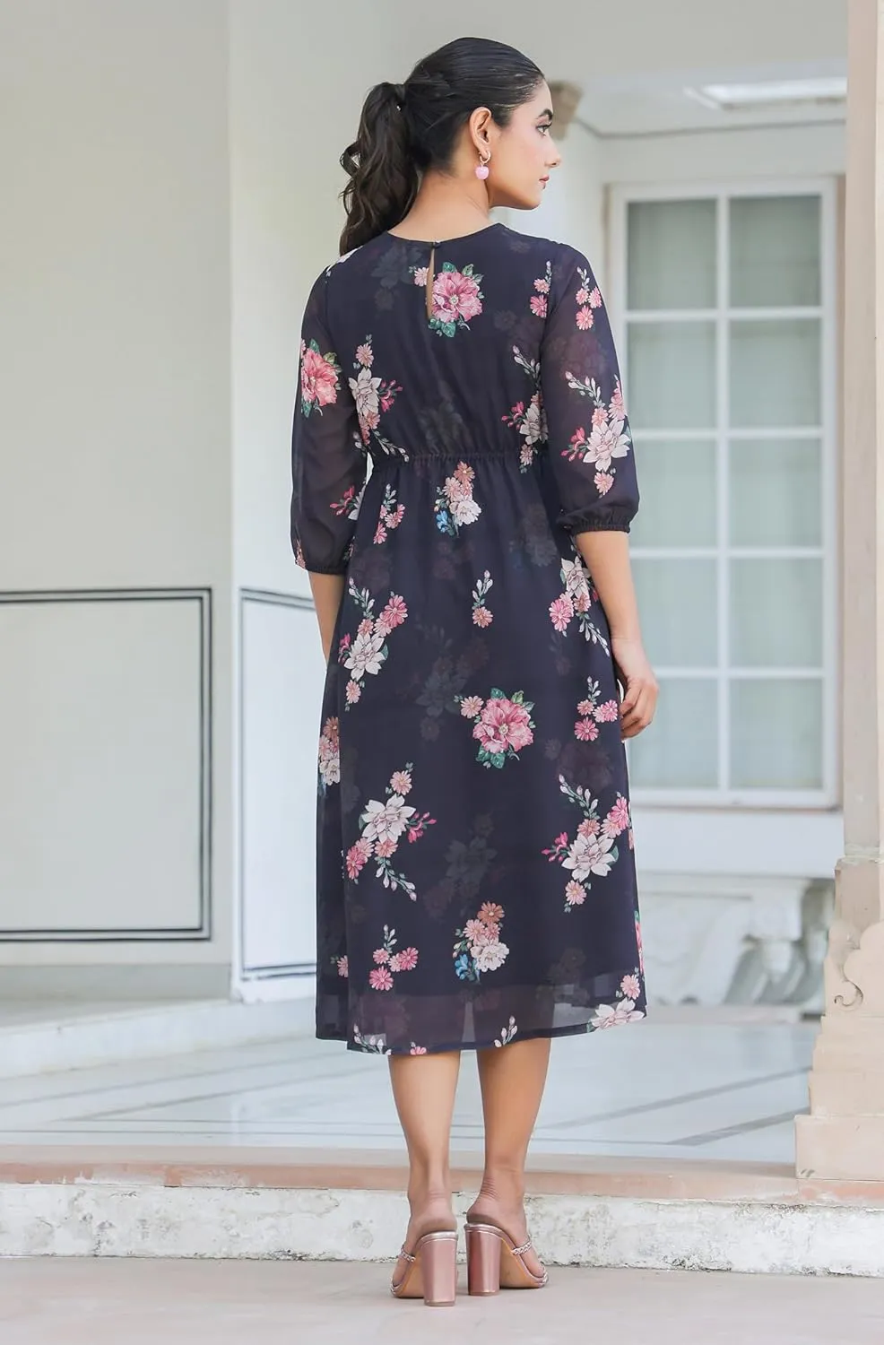 Janasya Women's Summer Dresses for Women 2025 Georgette A-Line Black Floral Balloon Sleeve Casual Calf Length Dress