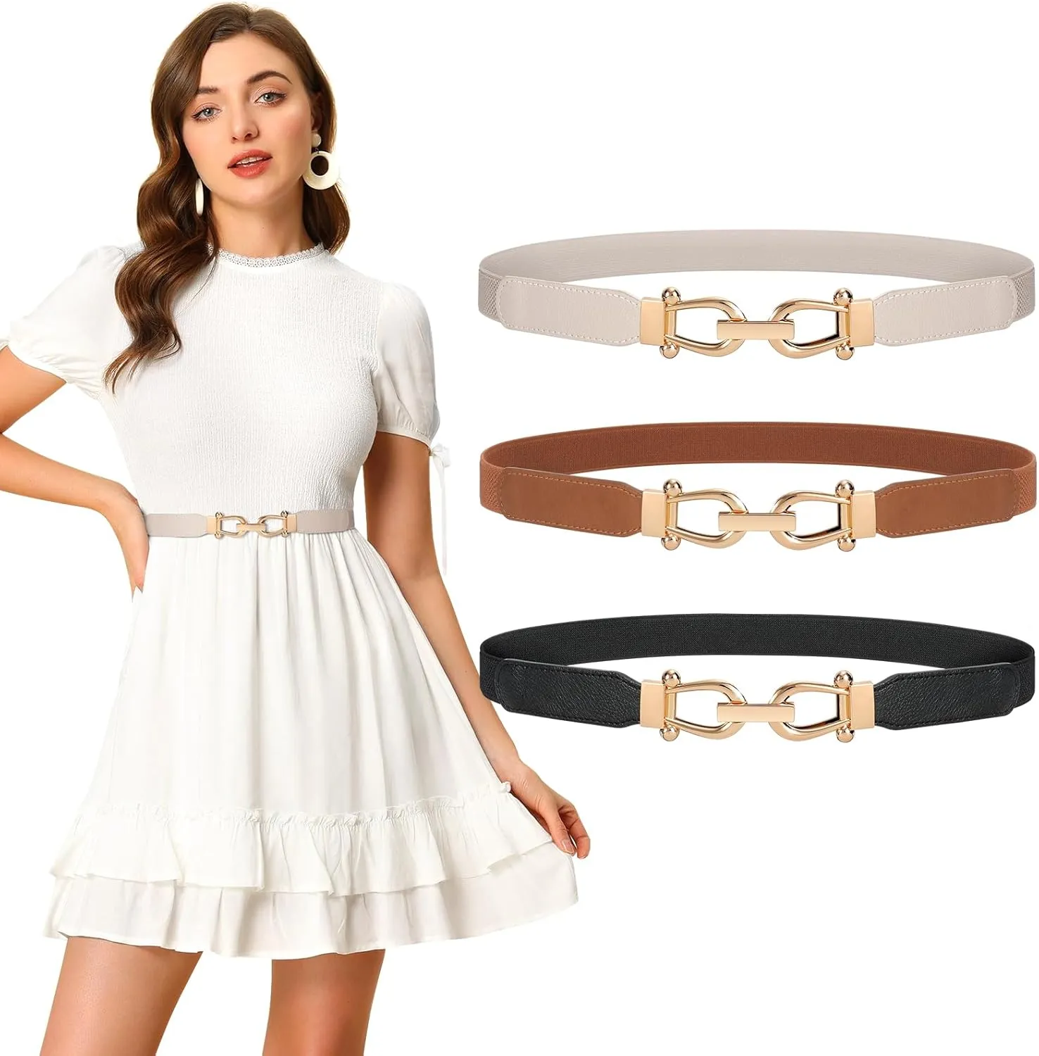 JASGOOD 3 Pack Women Thin Skinny Waist Belt for Women Elastic Stretch Brown Belt for Dress Pants