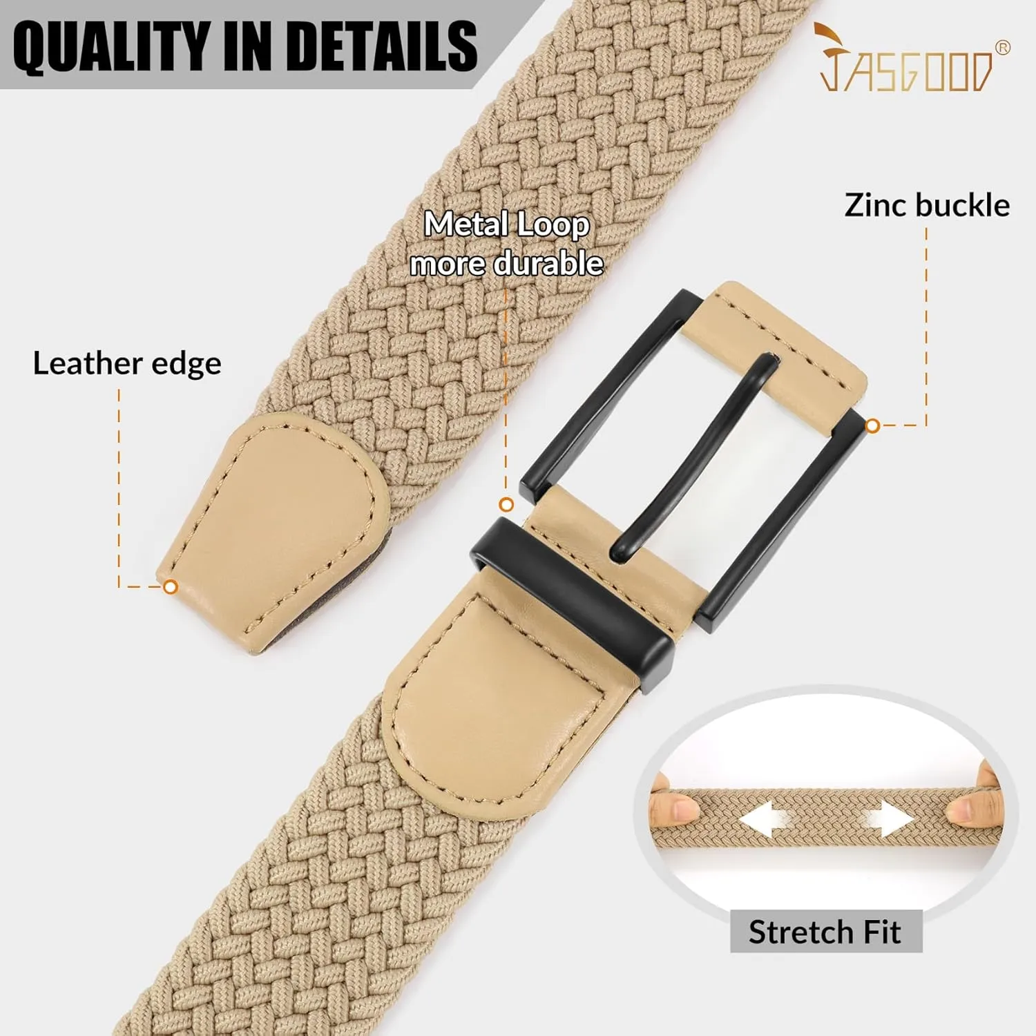JASGOOD Stretchy Braided Belt for Men Elastic Woven Belt for Jeans Pants 1 3/8" Casual Men Women Golf Belt, Gift Box