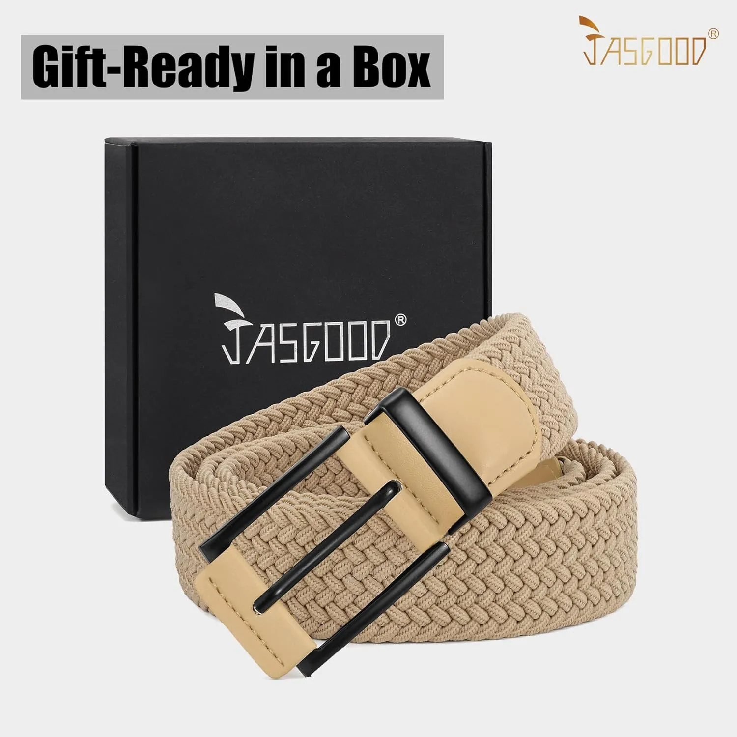 JASGOOD Stretchy Braided Belt for Men Elastic Woven Belt for Jeans Pants 1 3/8" Casual Men Women Golf Belt, Gift Box