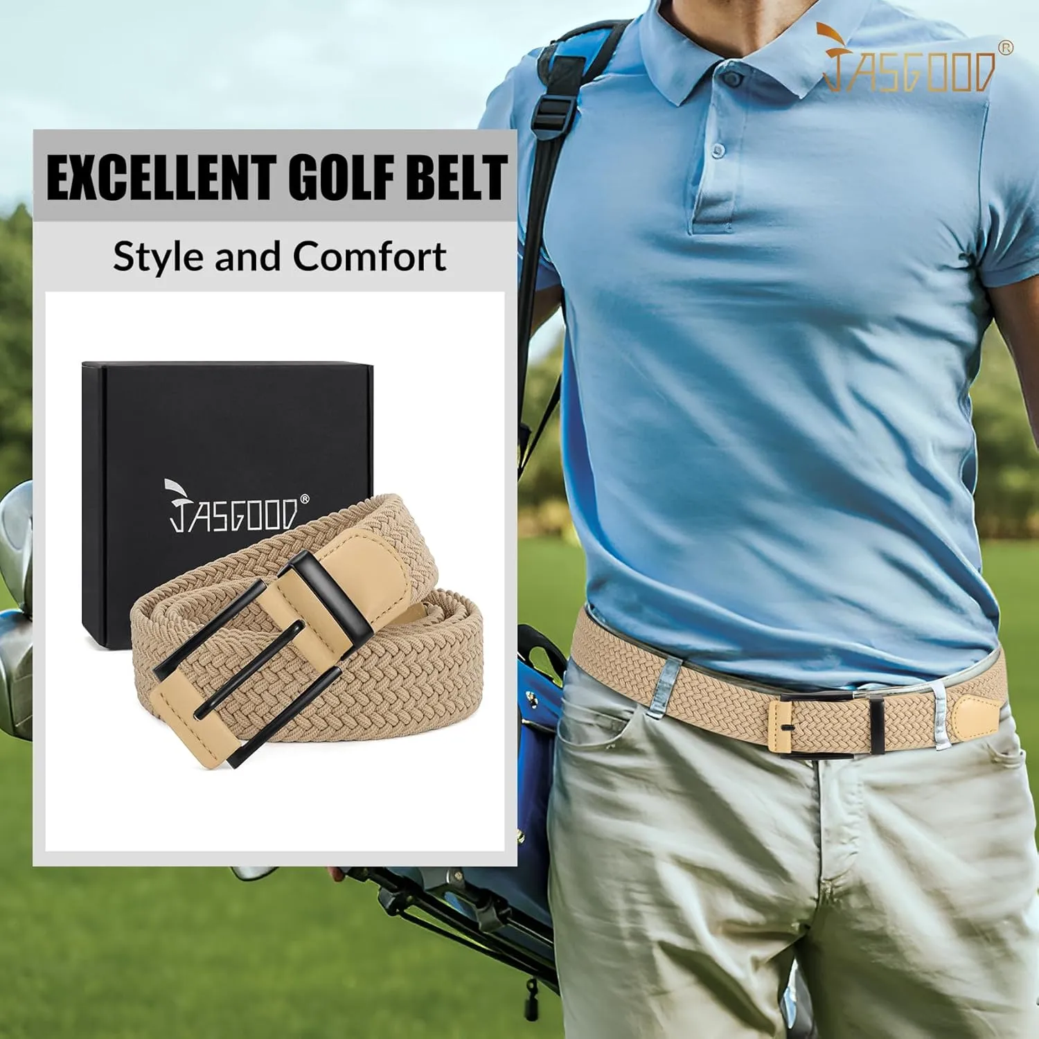 JASGOOD Stretchy Braided Belt for Men Elastic Woven Belt for Jeans Pants 1 3/8" Casual Men Women Golf Belt, Gift Box