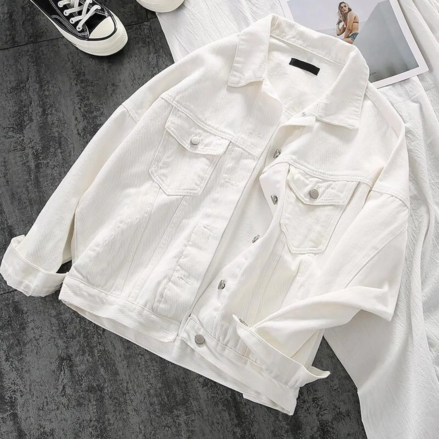 Jean Jacket Women 3/4 Sleeve Colored Cropped Denim Jacket Trendy Light Wash Short Jean Jacket Trucker Coat