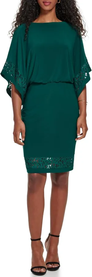 Jessica Howard Women's Lace Trim Knit Mini Dress  Boat Neck Elbow Sleeve Desk to Dinner