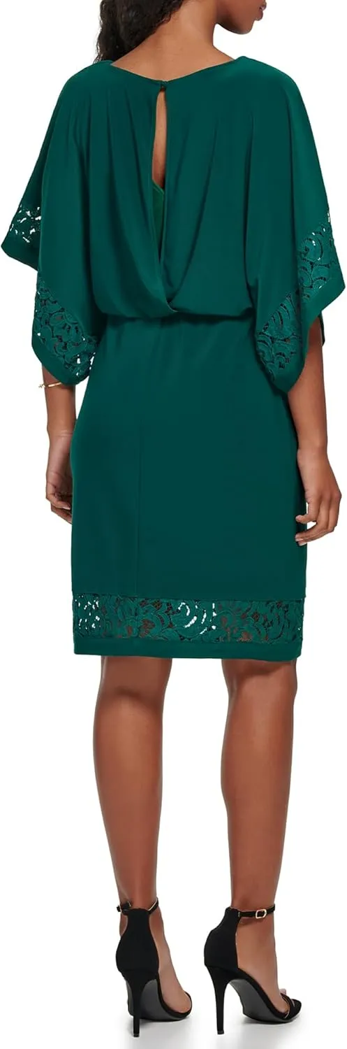 Jessica Howard Women's Lace Trim Knit Mini Dress  Boat Neck Elbow Sleeve Desk to Dinner