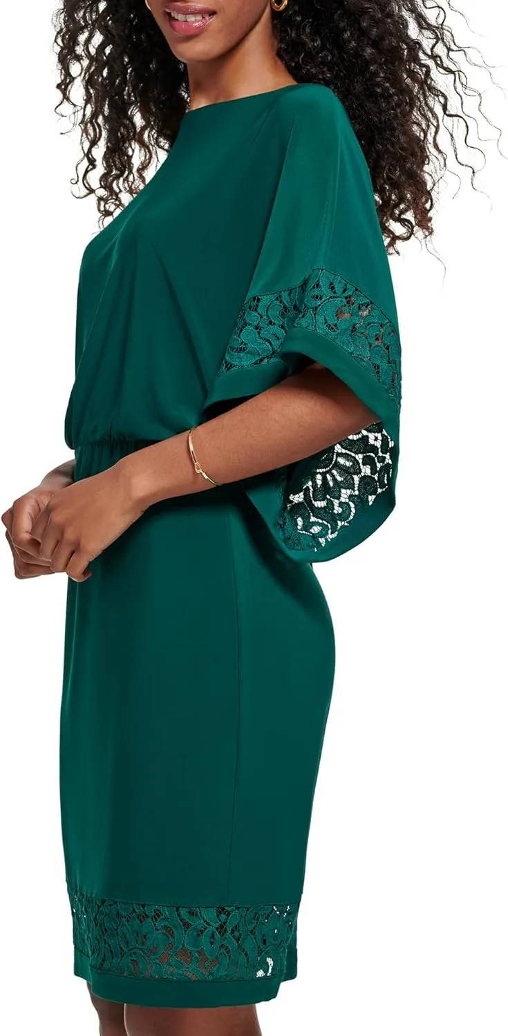 Jessica Howard Women's Lace Trim Knit Mini Dress  Boat Neck Elbow Sleeve Desk to Dinner