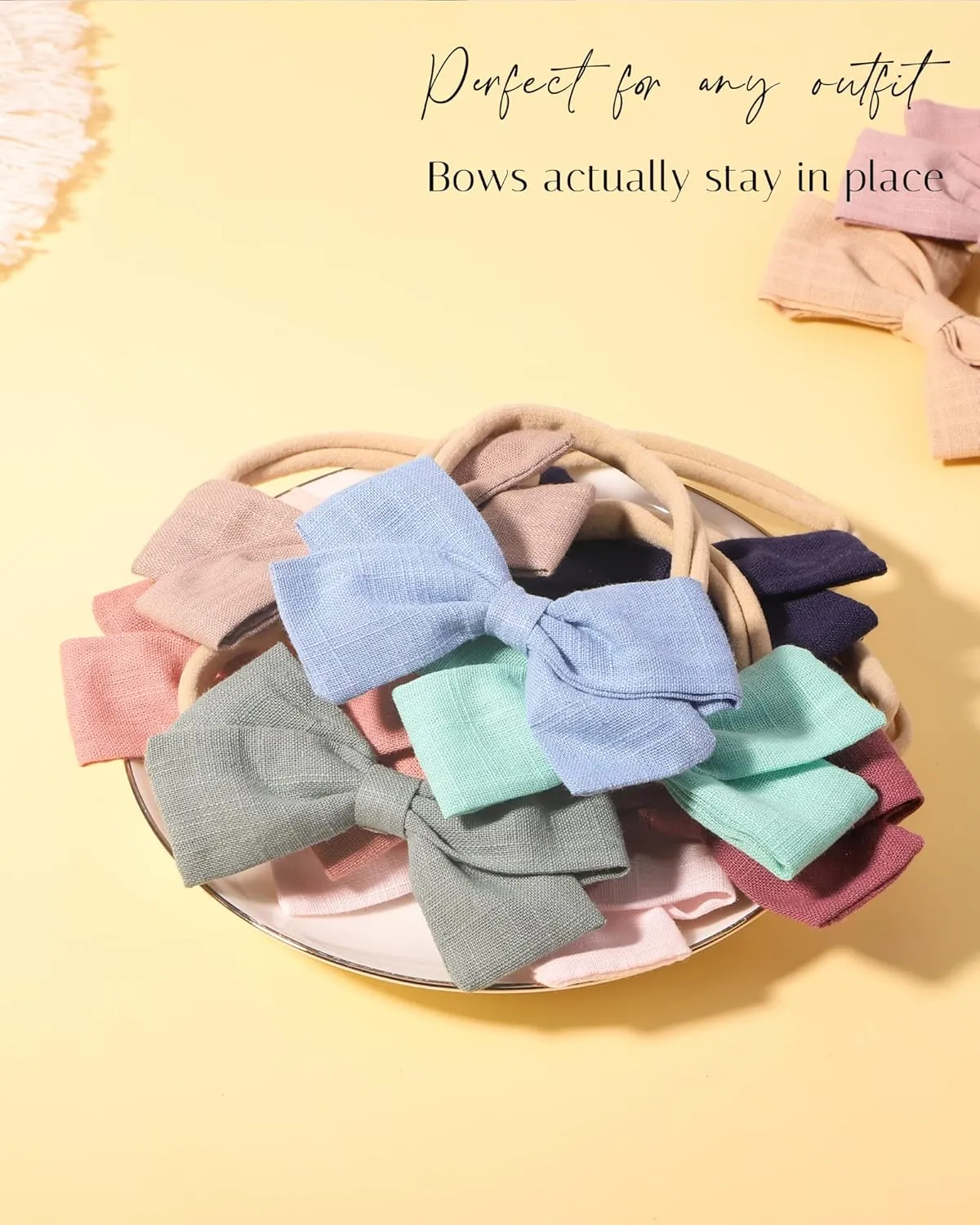 jollybows 40pcs Baby Girls Nylon Hair Bows Headbands Linen Hair Bands Elastic Hair Accessories for Kids Infants Newborn (4-40 PCS Solid Linen)