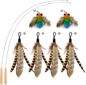 Kingtree Feather Wand Cat Toys, 8 Pack Cat Teaser Toys with 6Pcs Replacement Feathers Insects & 2Pcs Flexible Steel Wire Teaser Wands, Interactive Pet Feather Toys with Bells for Play Chase Exercise