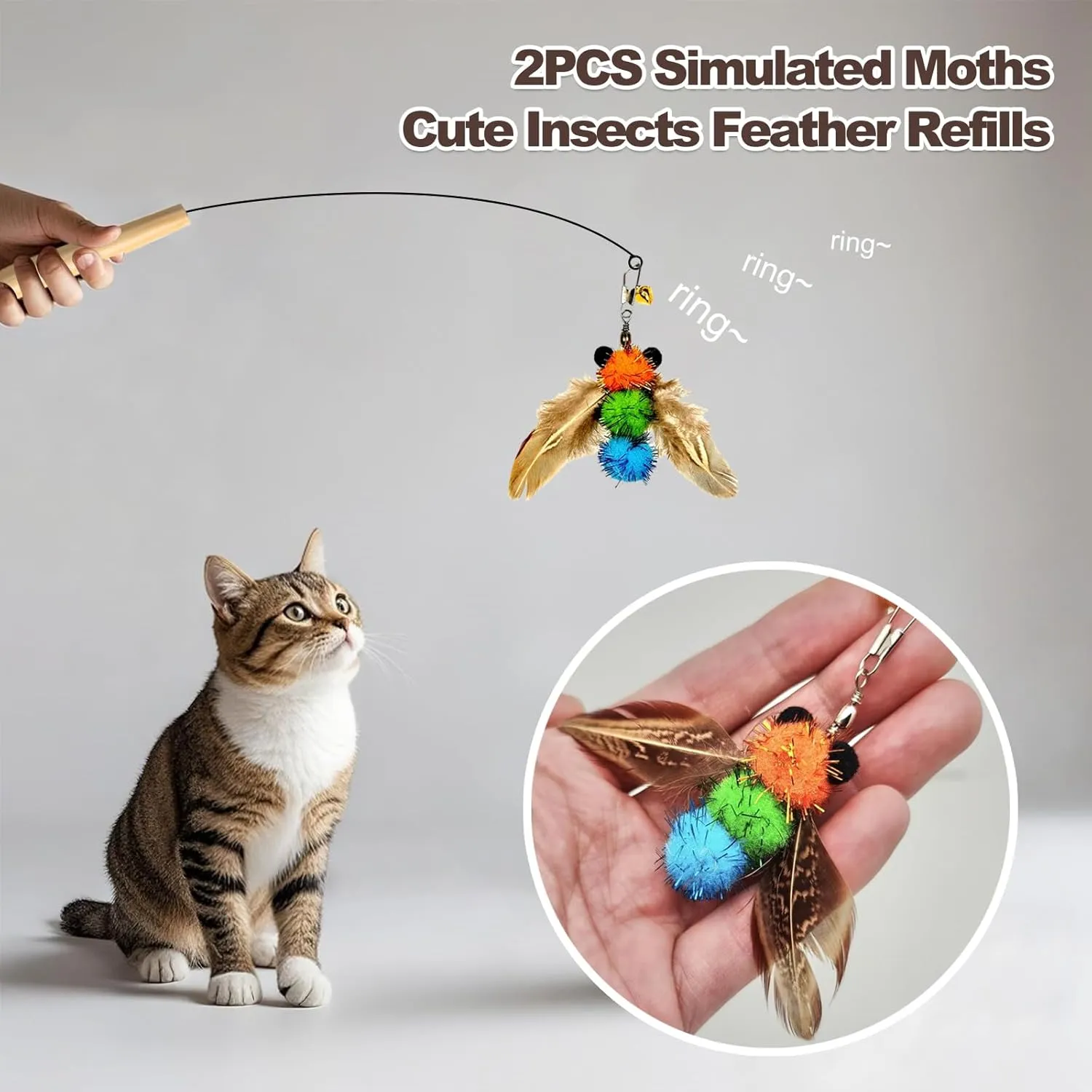 Kingtree Feather Wand Cat Toys, 8 Pack Cat Teaser Toys with 6Pcs Replacement Feathers Insects & 2Pcs Flexible Steel Wire Teaser Wands, Interactive Pet Feather Toys with Bells for Play Chase Exercise