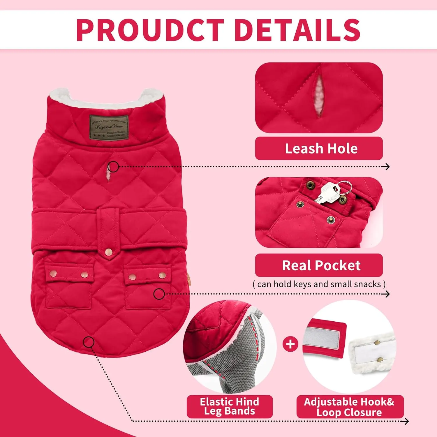 KYEESE Dog Coats Warm Dog Jacket Winter Windproof Padded Sherpa Cozy Dog Winter Coats for Small Dogs with Furry Collar Dog Clothes, Red,S