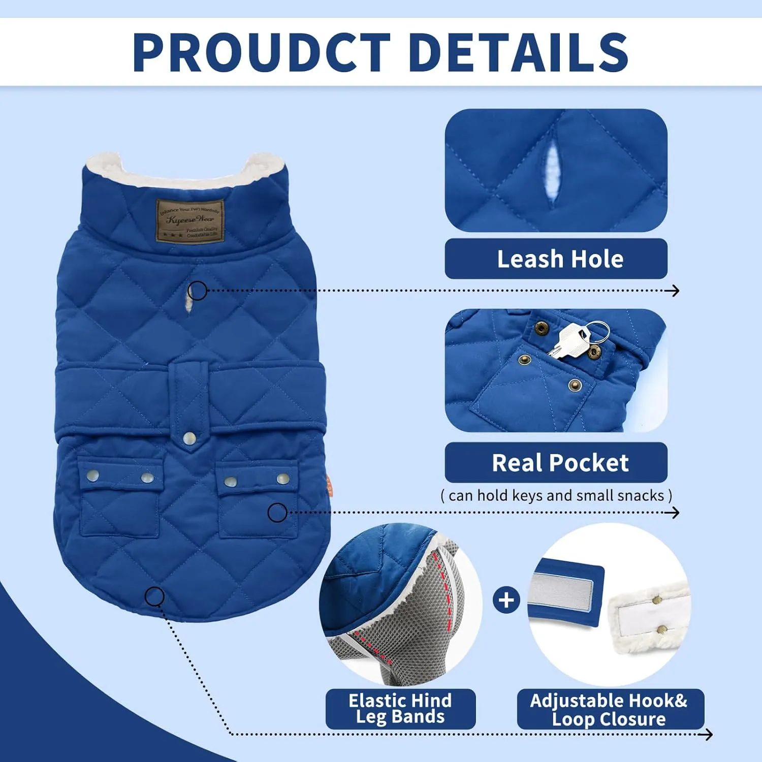 KYEESE Dog Coats Warm Dog Jacket Winter Windproof Padded Sherpa Cozy Dogs Clothes for Small Dogs with Furry Collar, Blue,S