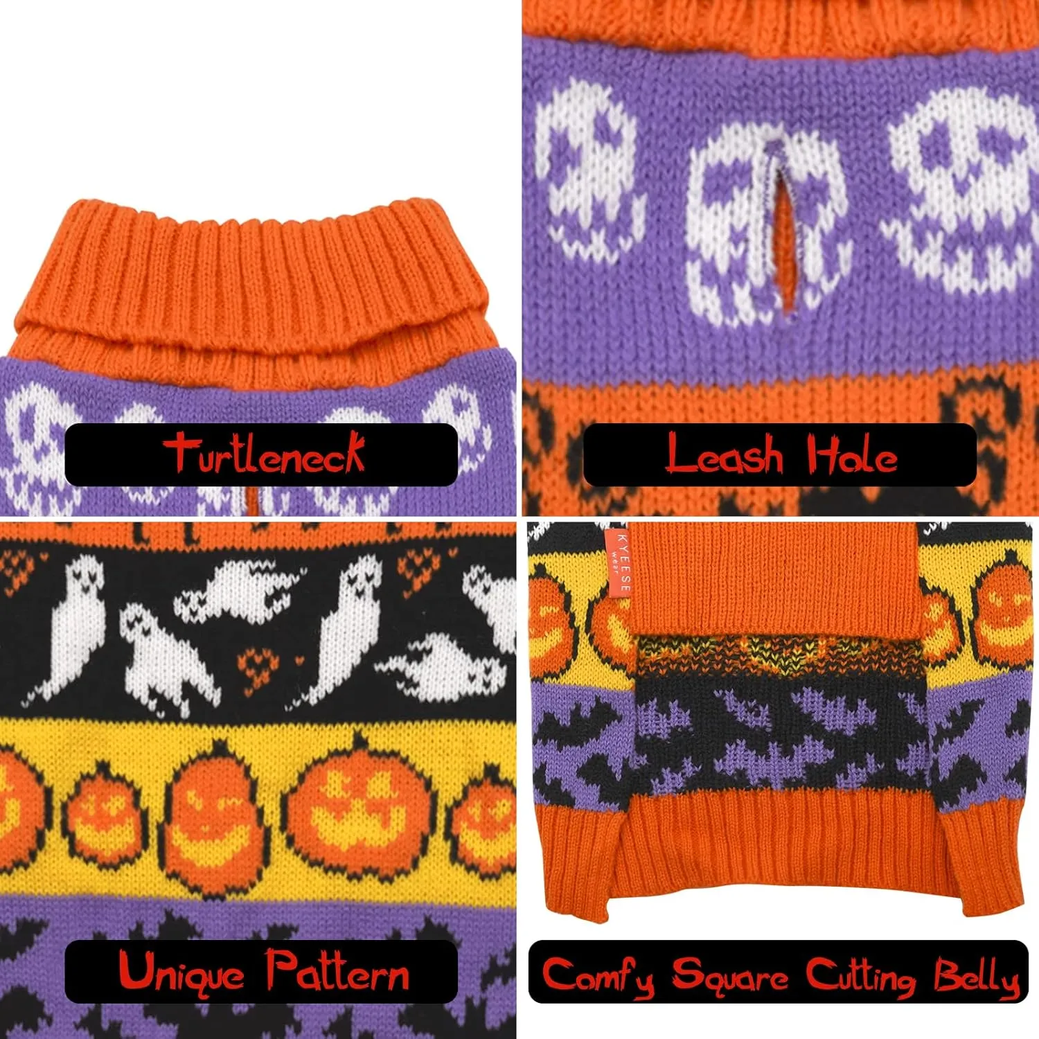 KYEESE Halloween Dog Sweater for Small Dogs Pumpkin Ghost Dogs Knitwear Turtleneck Dog Apparel, S